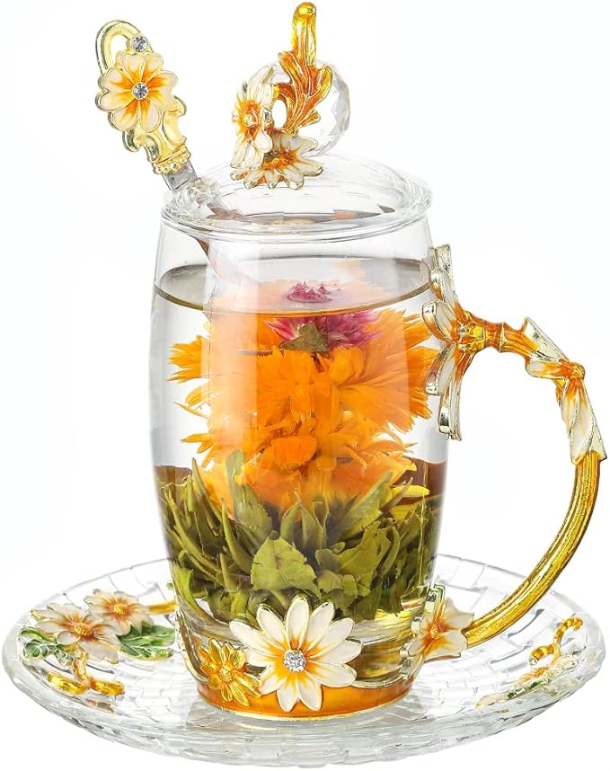 LANTREE Floral Yellow 12oz Hand Painted Glass Teacup with Lid, Spoon & Saucer - Gift for Mom, Teacher, Lovers - Christmas,...