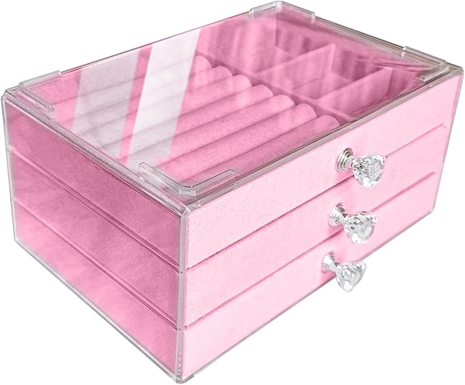 Jemjosh Clear Acrylic Velvet Jewelry Organizer with 3 Drawers, Stackable Display Storage Earrings Necklace Rings Bracelets...