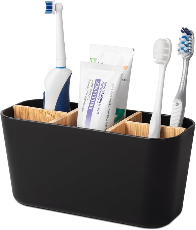 Toothbrush Holders for Bathrooms, Bamboo Tooth Brush Holder with 5 Slots Bathroom Vanity Organizer Countertop for Electric...