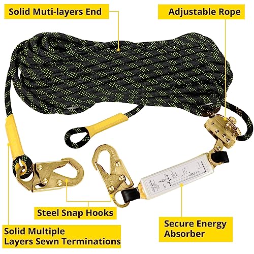TRSMIMA Rope Harness Safety Lanyard：50ft Vertical Roofing Rope with Grab Snap Hooks Shock Absorber - Fall Protection Tree ...