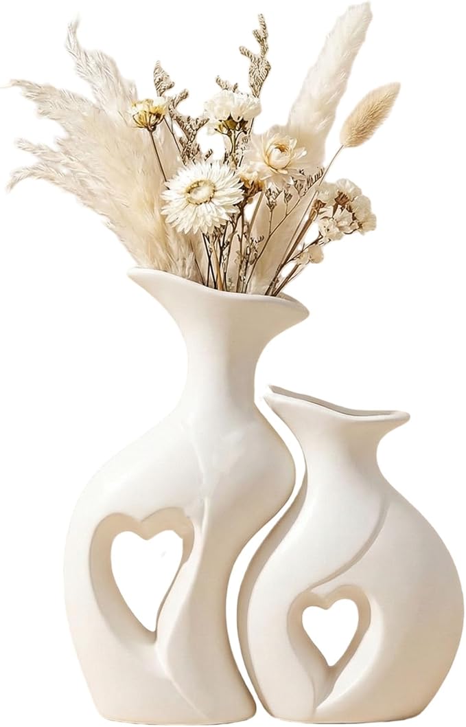 White Heart Vase Set of 2,Modern Vases for Home Console Table Decor for Living Room Coffee Table Fireplace Bookshelf Decor...