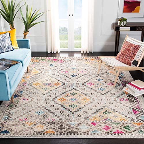 SAFAVIEH Madison Collection Area Rug - 5' Square, Grey & Yellow, Boho Diamond Distressed Design, Non-Shedding & Easy Care,...