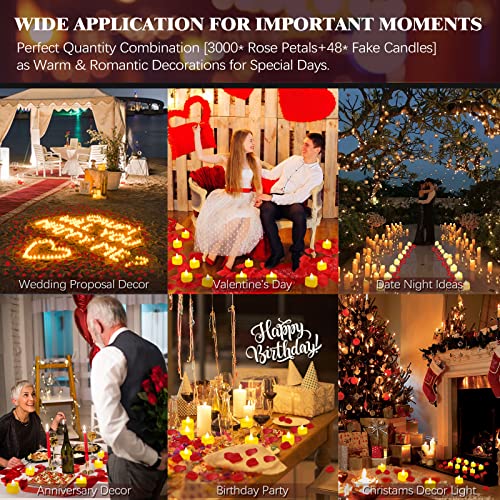 VIPbuy 3000 Pcs Artificial Rose Petals with 48 Pcs Heart Flameless Candles Battery LED Tea Lights Candles Set Valentine's ...