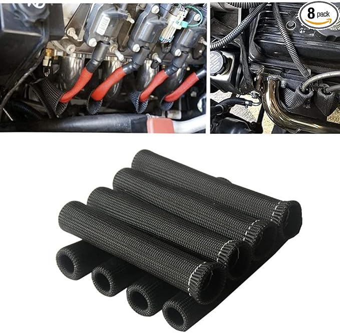 Spark Plug Wire Heat Shield Sleeve Protection 2500 High Temp Heat Tape Protect 8-Pack (Black)