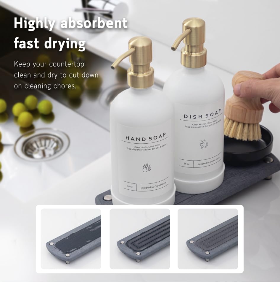 [Luxury] Kitchen Soap Dispenser Set - 16OZ White Glass Bottle, Stainless Steel Pump, Instant Dry Tray, Waterproof Labels, ...