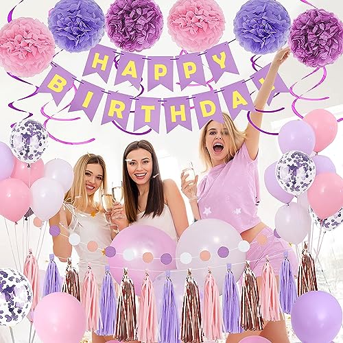 Purple Pink Birthday Party Decorations for Women Girls with Happy Birthday Banner,Hanging Swirls,Tissue Paper Pompoms,Circ...