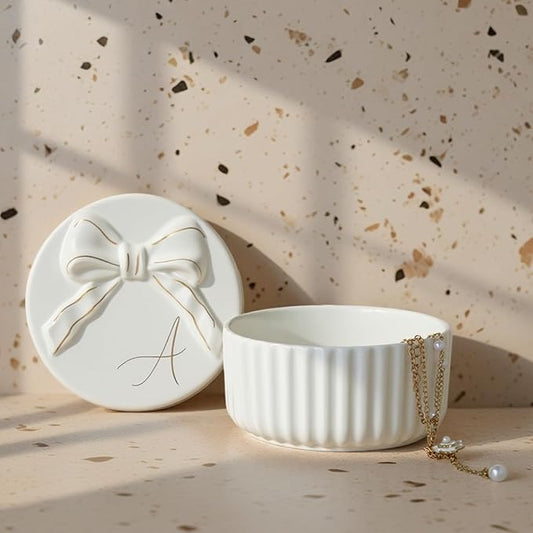 COLLECTIVE HOME Monogram Initial Jewelry Box with Bow - Elegant Ring Holder & Earring Dish | Christmas Gift Idea for Wome...