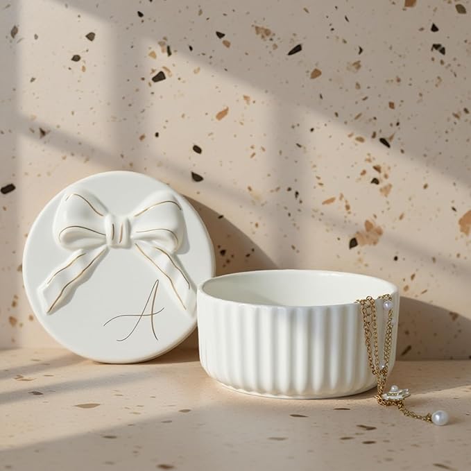 COLLECTIVE HOME Monogram Initial Jewelry Box with Bow - Elegant Ring Holder & Earring Dish | Christmas Gift Idea for Wome...
