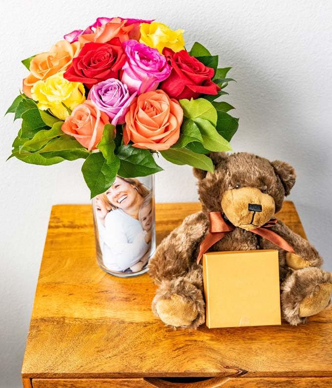 From You Flowers - One Dozen Rainbow Roses with Chocolates & Bear with Glass Vase | Fresh Flower Bouquets for Birthday, An...