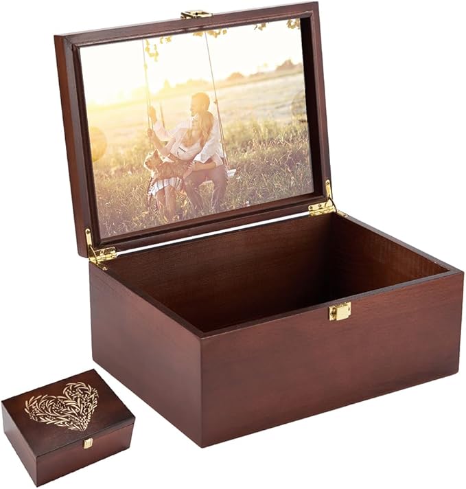 Larger Wooden Memory Keepsake Box with Hinged Lid & 8x10 Photo Frame Inside Lid – Decorative Storage Box With a Hinge Lids...