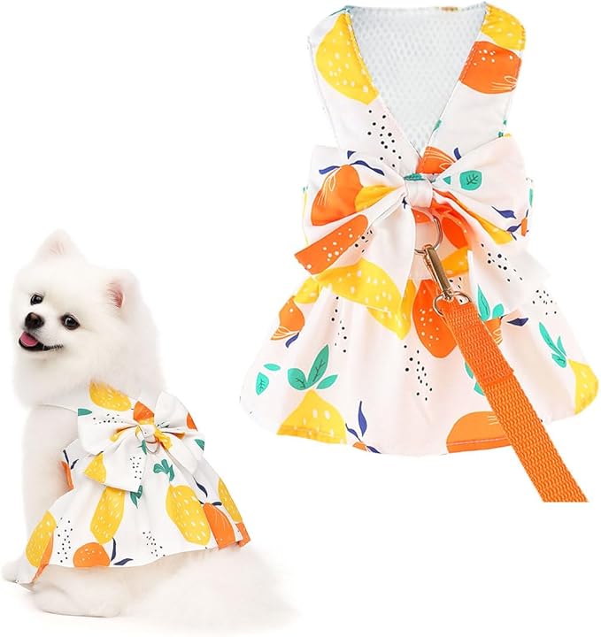 Small Dog Harness Dress Cat Princess Dresses Summer Lemon Clothes for Pet Female Puppy Outfit Cute Bow Tie Leash Set for S...