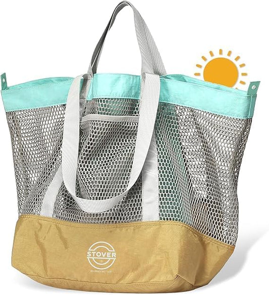 STOVER Extra Large Mesh Beach Bag, Vacation, Pool, Shopping & Travel Tote - Foldable w/Storage Pouch & Pockets for Women, Men