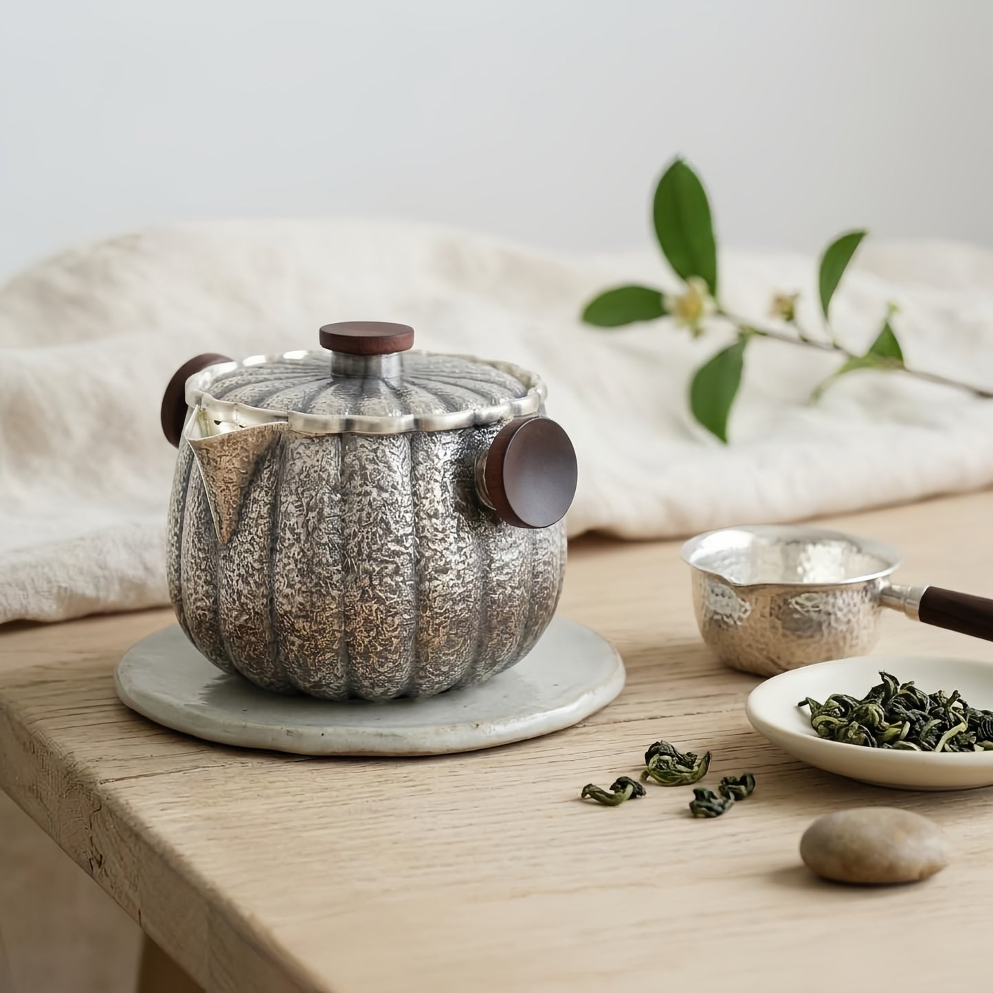 Pure 999 Fine Silver Pumpkin-Shaped Hammered Metal Teapot with Red Accents-Fine Tea Dispenser - Handicraft