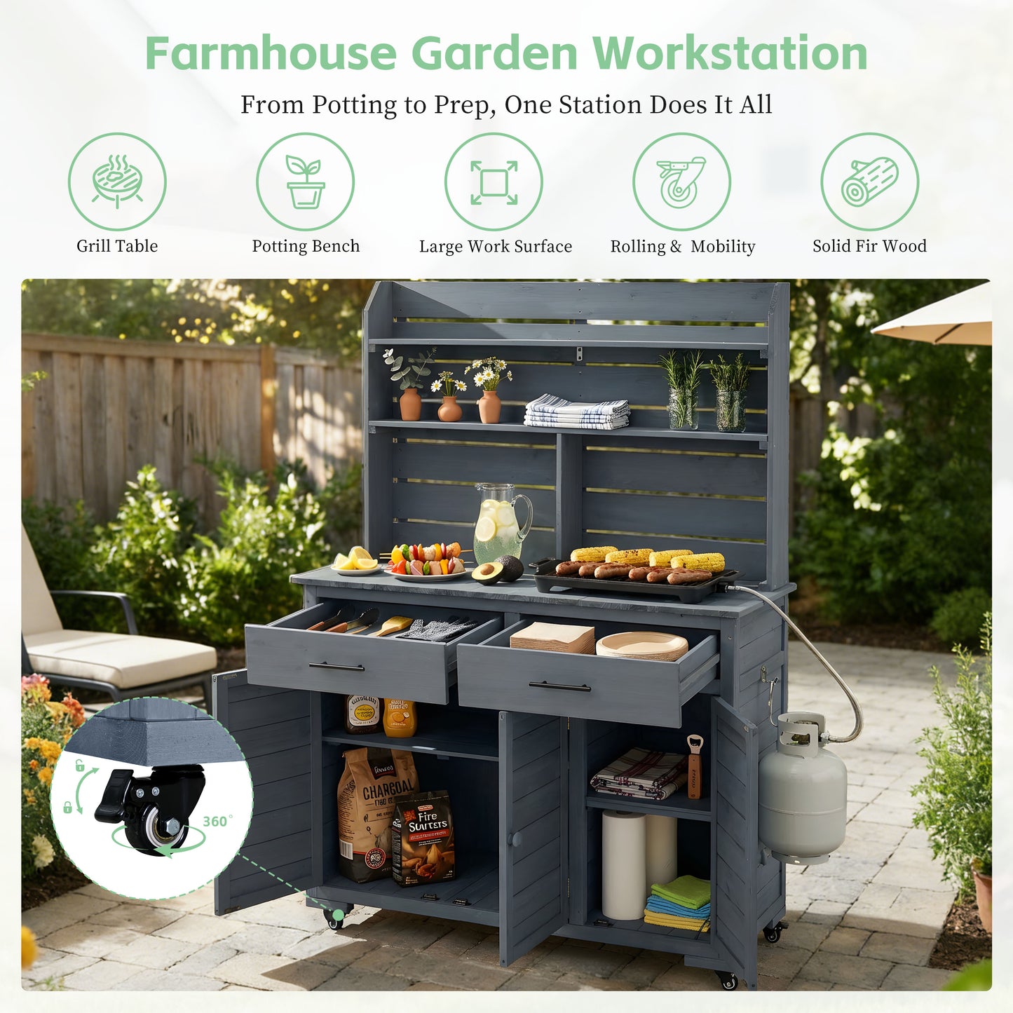 Assembly Video  TOPMAx 65 H Large Garden Potting Bench With Lockable Wheels And Storage Cabinet  Wood Outdoor Kitchen Island Prep Cart With Hutch Top  Drawers And Removal Shelves For Grilling  Gray