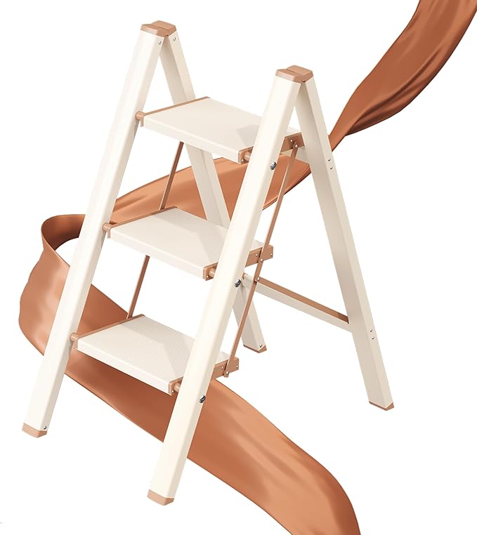 GameGem 3 Step Ladder, Folding Step Stool with Wider Pedal, Anti-Slip Feet & Non Slip Stripes, Aluminum Sturdy Material, 3...