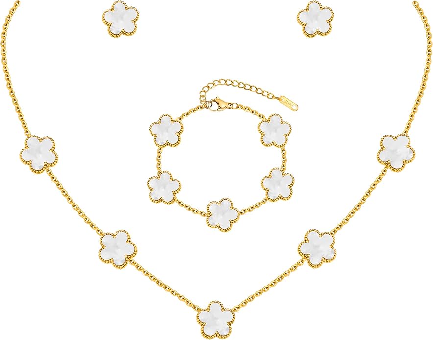 Gold Necklaces Bracelets Earring Set - 18K Gold Plated Flower Bracelet Chain,Stainless Steel Non Tarnish Floral Pendant St...