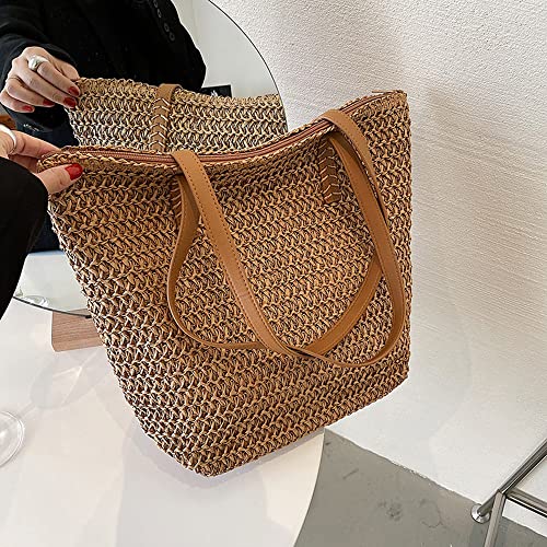Kehpish Large Straw Shoulder Bag Summer Beach Bag for Women Straw Tote Bag Handbag With Zipper Summer Shoulder Bag
