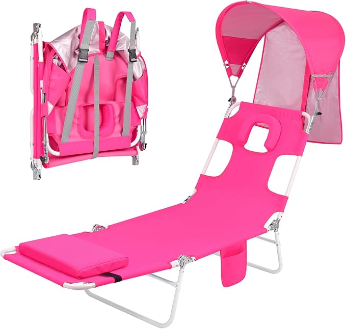 Backpack Beach Tanning Chair with Canopy Sun Shade & Face Hole, 6 Position Folding Lounge Sun Chair for Adults Outside Rea...