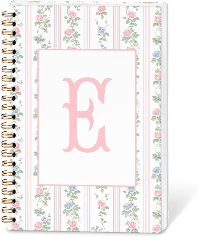 SYLLHRZGB Coquette Initial Letter E Spiral Notebook Journal, Grandmillennial Rose Notebooks for Work, Preppy Floral Journa...
