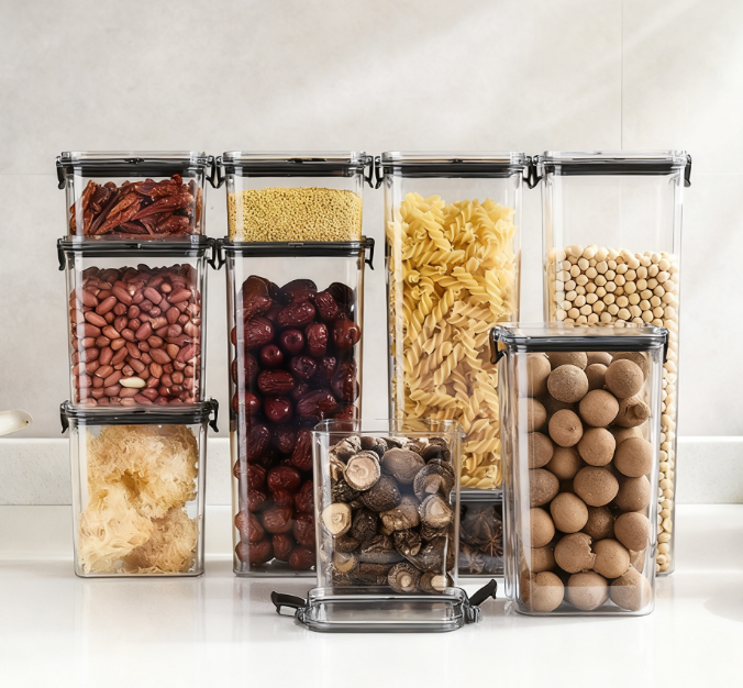 Black  White   Food Grade Clear Plastic Airtight Storage Containers, Square Thickened Jars With Lids For Grains, Cereal & Dry Food