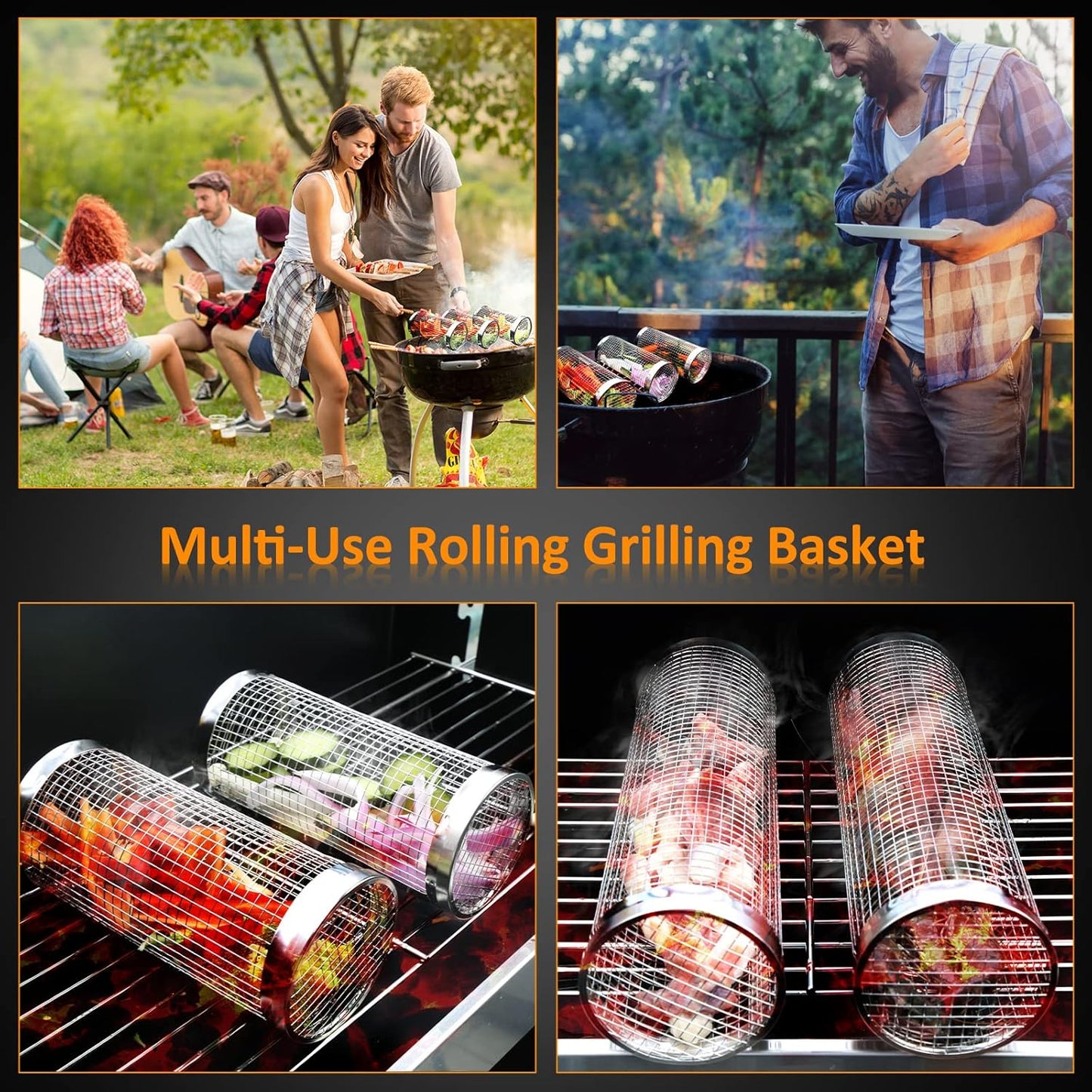 Rolling Grill Basket Grill Gifts For Men, 304 Stainless Steel, All-in-One Grilling Accessories For Vegetable Meat Food, Smoker BBQ Tools For Cooking Camping, Dad Husband Birthday Gifts