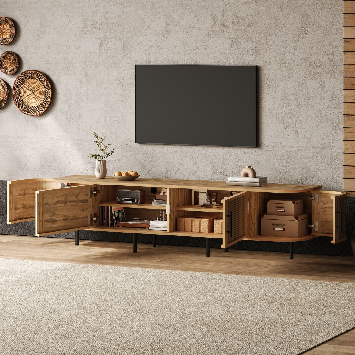 70inch Modern TV Stand with Rattan Doors for TVs up to 80", Media Console with Storage Space & Cable Holes, Entertainment Center for Living Room