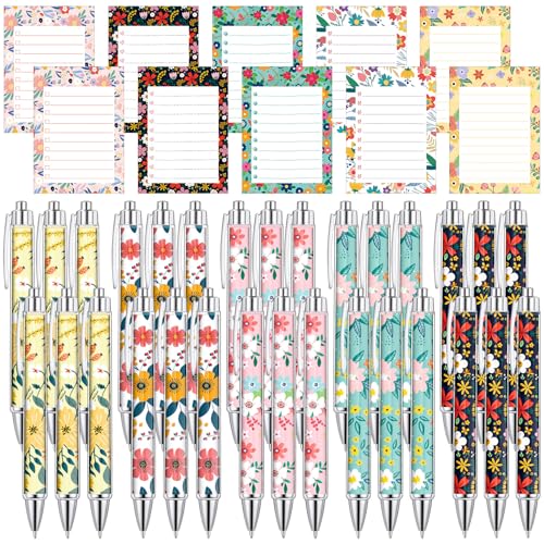Kosiz 60 Pcs Flower Notepads with Pens Floral Sticky Notes Funny Ballpoint Pens Bulk Floral to Do List Memo Pads for Flowe...