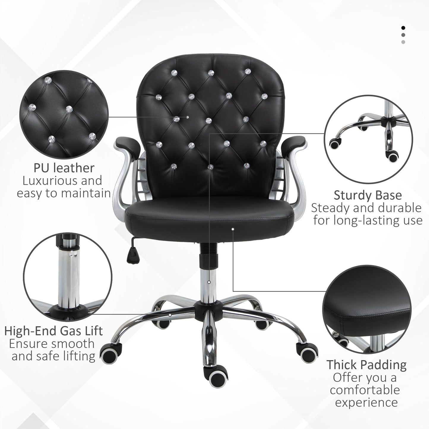 Makeup Vanity Chair, PU Leather Computer Task Chair with Button Tufted, Padded Armrests, Adjustable Height and Swivel Wheels, Black