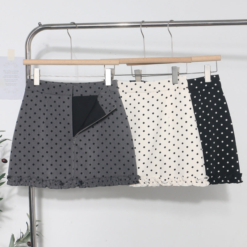 Korean-style Fringed Hem Polka-dot High-waist Anti-exposure A-line Sheath Skirt