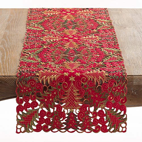 SARO LIFESTYLE QX296.R1654B Panettone Collection Christmas Tree Cutwork Table Runner, 16" x 54", Red