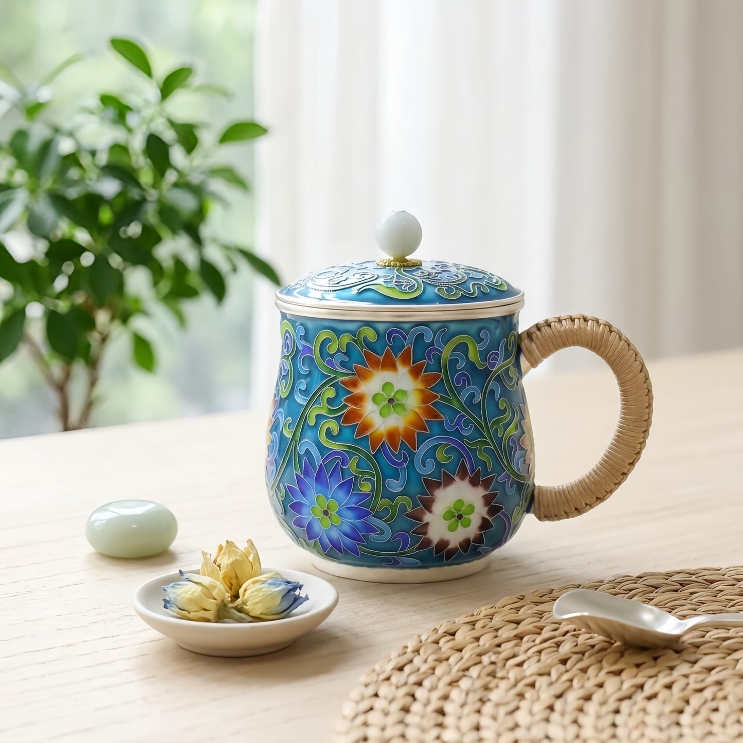 925 Sterling Silver Handcrafted Cloisonné Enamel Blue Floral Tea Mug with Lid and Rattan Handle - Handicraft
