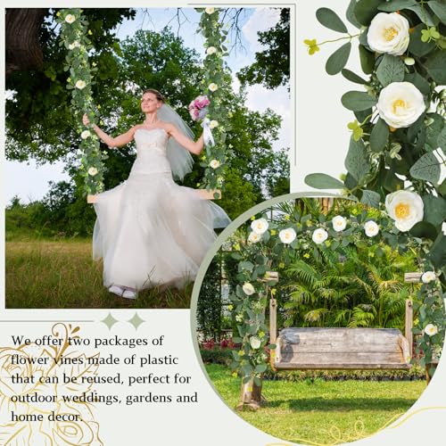 ASTRYAS 2 Pack 6.23Ft Artificial Eucalyptus Garland with Flowers, Fake Rose Garland Greenery Garlands Floral Vines for Wed...