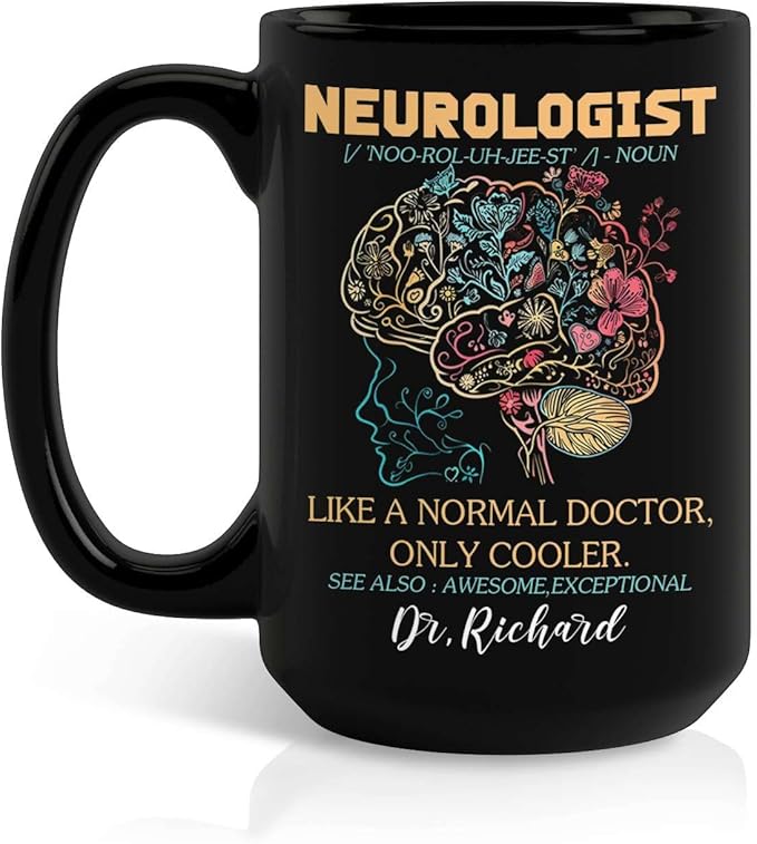Custom Name Neurologist Definition Mug 11oz 15oz, Personalized Floral Brain Black Cup, Gift For Doctors, Customized Neuros...