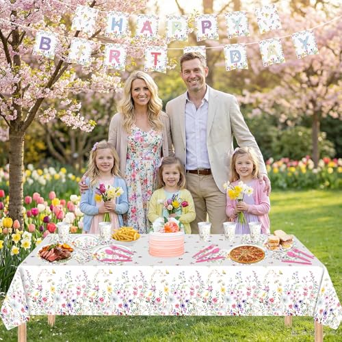 170 Pcs Spring Flower Birthday Party Decorations Sets, Includes Happy Birthday Banner, Floral Plates, Napkins, Cups, Plast...