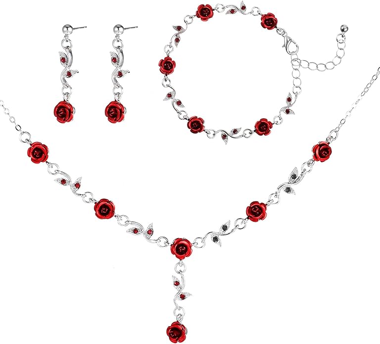WJIAAA MBAIYO Red Rose Jewelry Set, 3Pcs Red Roses Flower Necklaces for Women Rose Dangle Necklace Bracelet Set Vintage Ea...