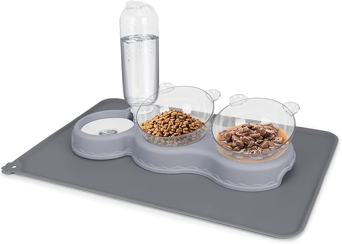 Triple Cat Bowls for Food and Water, YECERCAN Plastic Raised Cat Bowls with Automatic Water Bottle & Waterproof Mat for Ca...