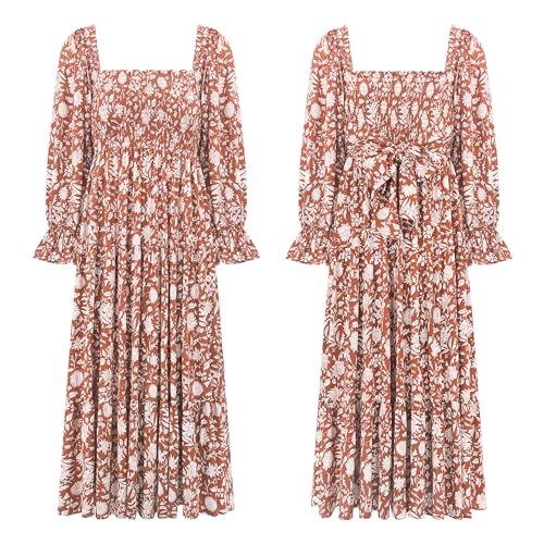 R.Vivimos Women's Summer Cotton Plaid Puff Sleeves Bow Casual Off-Shoulder Boho Midi Dress