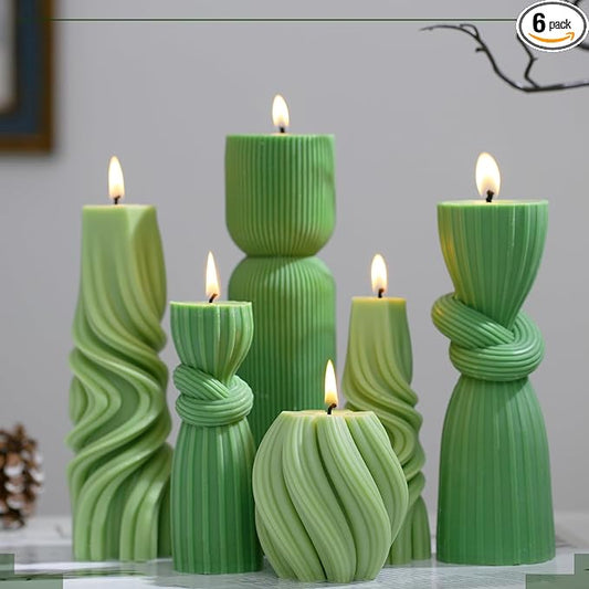 Threlaco 6 Pcs Ribbed Pillar Candles Modern Aesthetic Ribbed Decorative Candle Set Cute Soy Wax Scented Decor for Home(Green)
