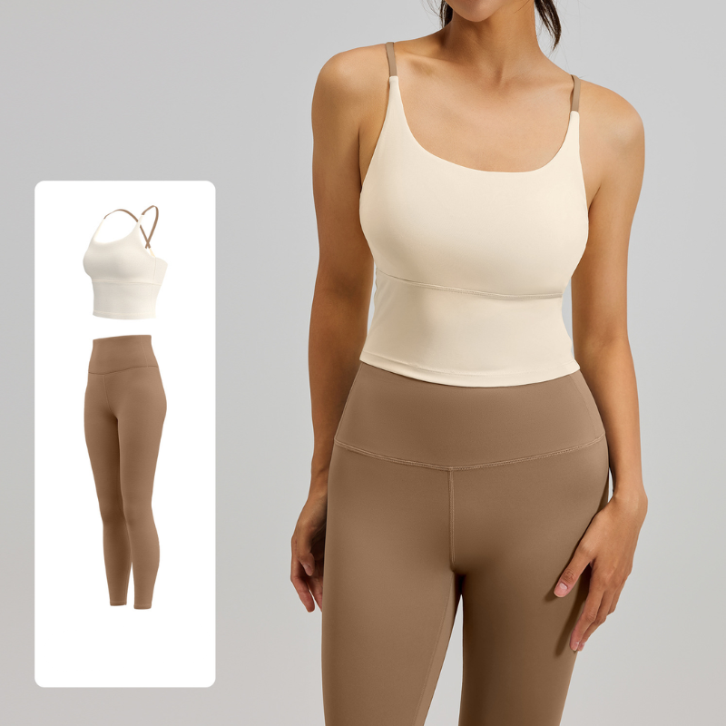 Women's Two-Piece Sports Fitness Outfit With Camisole Top & Long Pants, Color Block Shockproof Yoga Wear For Indoor Training