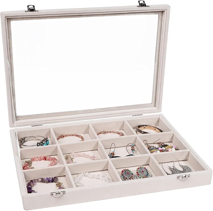 Stratalife Jewelry Organizer Bracelet Organizer Storage Box 12 Grid Stackable Jewelry Tray with Lid Velvet Jewelry Box for...