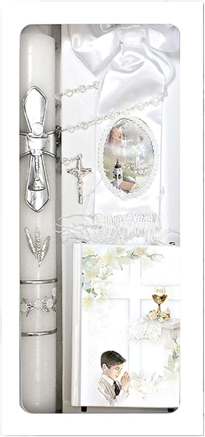 Lito First Communion Candle Set for Boys - White Silver Cross Candle Set Kit for Holy 1st Communion - (English)