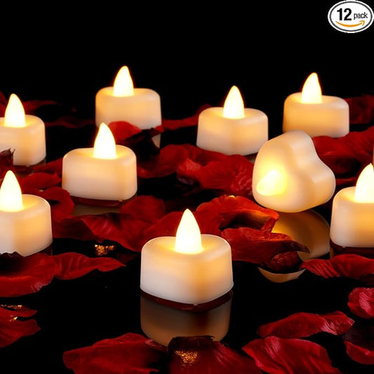 Amagic 1000 Pieces Artificial Rose Petals with 12 Heart LED Tea Lights Candles Kit, Rose Petals and Candles Set for Propos...