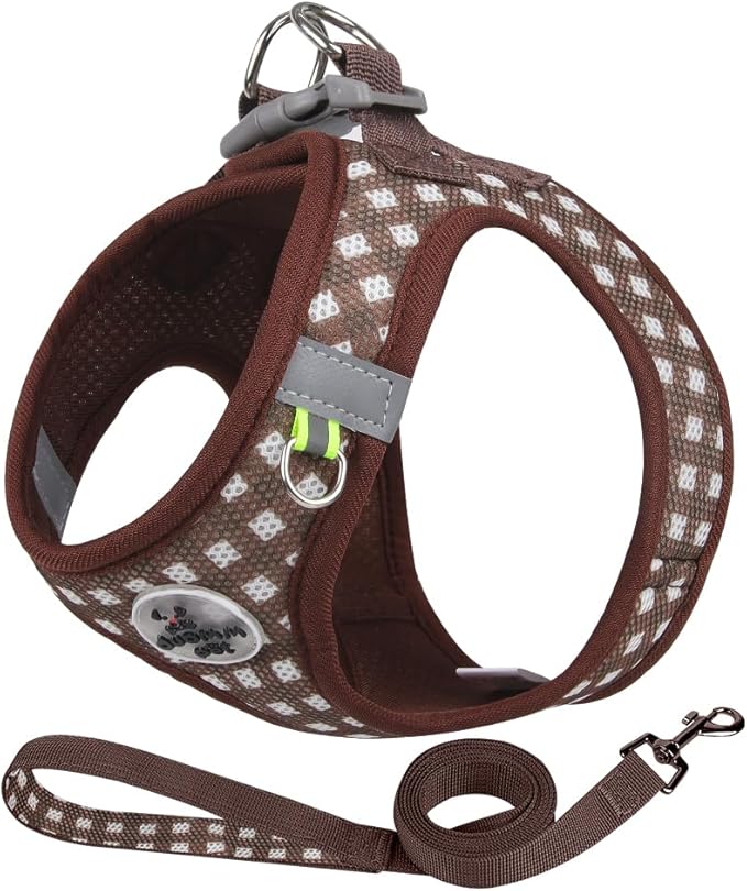 Small Dog Harness and Leash Set, Step in No Pull Adjustable Reflective Pet Harness, Soft Mesh Plaid Vest Harnesses for Sma...