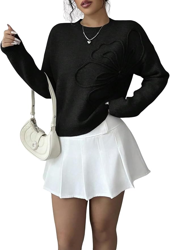 Verdusa Women's Spring 3D Flower Appliques Crewneck Sweaters Long Sleeve Drop Shoulder Pullovers Knit Going Out Tops