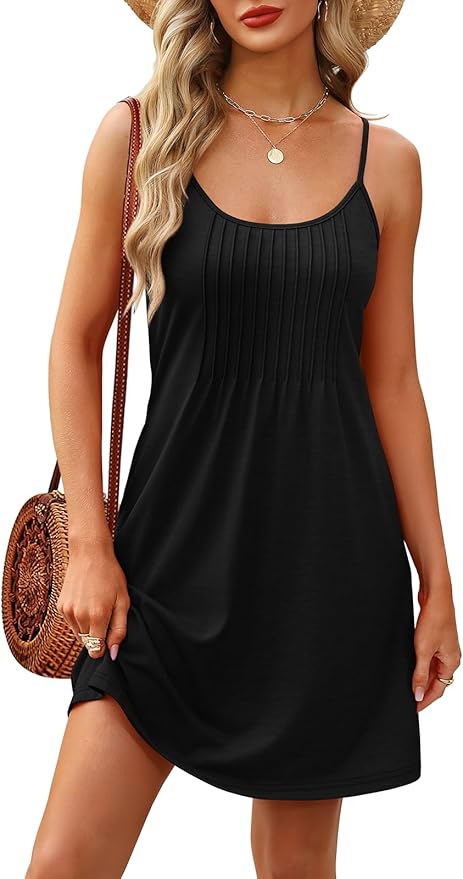 WEESO Summer Boho Dresses for Women Adjustable Spaghetti Strap Fashion Beach Vacation Casual Sundresses with Pockets
