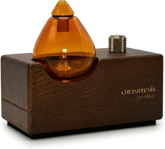 Amber Premium Glass Essential Oil Diffuser with Handmade Wood Base for Aromatherapy, Retro Waterless Scent Diffuser with C...