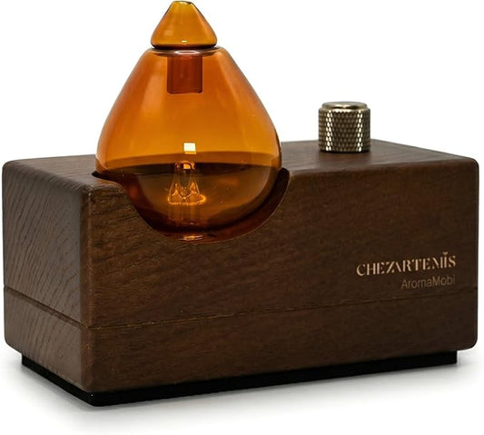 Amber Premium Glass Essential Oil Diffuser with Handmade Wood Base for Aromatherapy, Retro Waterless Scent Diffuser with C...