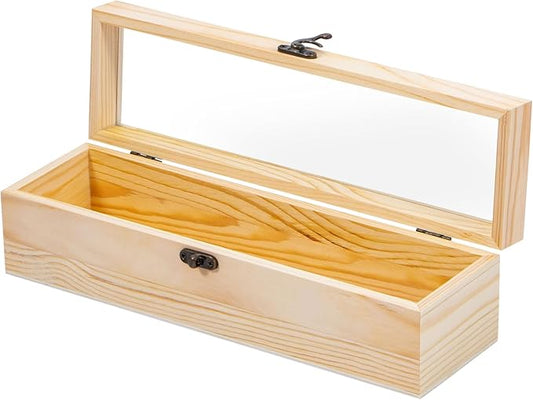 Useekoo Unfinished Wooden Box with Hinged Glass Lid, 11.8" x 3.3" x 3.2" Wood Wine Box, Decorative Keepsake Box for Gift, ...
