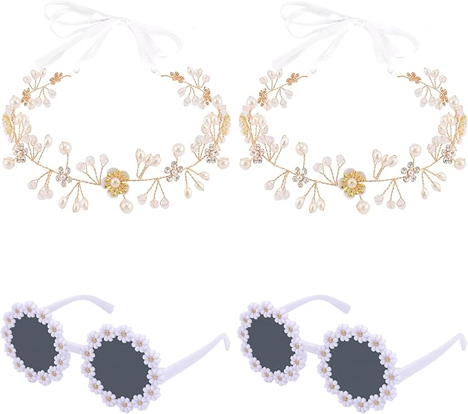 Srotmirw 4 Pcs Flower Girl Proposal Set Flower Girls Gifts Including Flower Girl Pearl Headpiece Round Flower Sunglasses f...