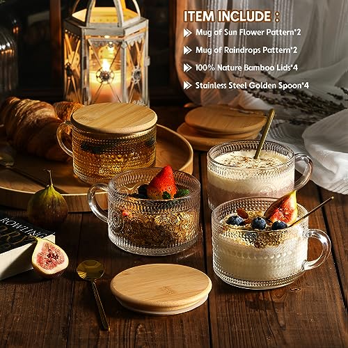 4pcs Set Vintage Coffee Mugs gifts for women, Overnight Oats Containers with Bamboo Lids and Spoons - 14oz Clear Embossed ...
